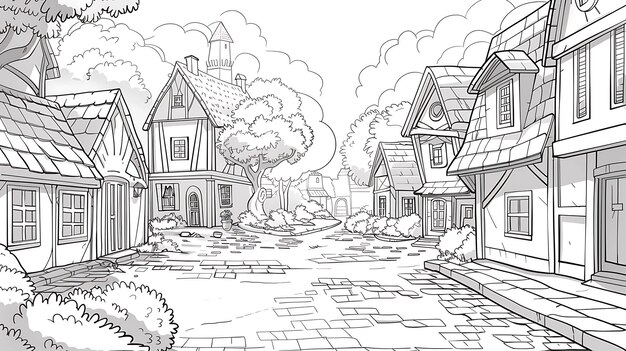 Photo a digital drawing of a quaint european village street with halftimbered houses and a cobblestone street