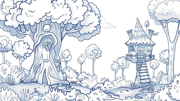 Photo a digital drawing of a whimsical forest the main feature is a large tree with a hollow trunk that has a door and windows making it a treehouse