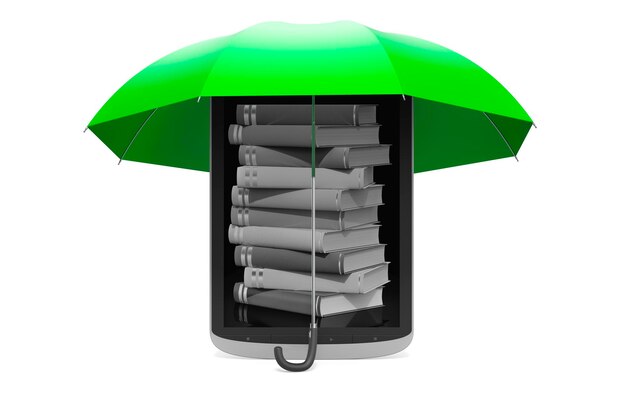 Digital ebook under umbrella 3D rendering