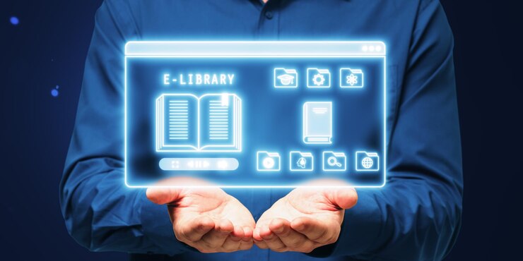 Photo 暗い背景の手で表示されるデジタル電子図書館のインターフェース