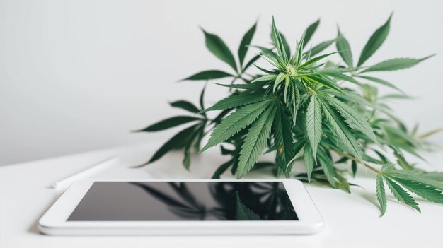 Digital Era of Medical Cannabis Tablet with Informative Display and Plant on Pristine Background