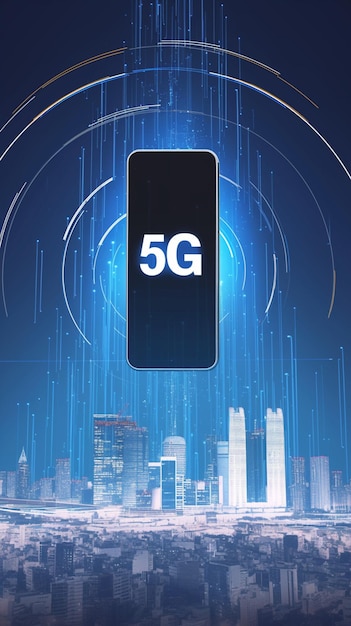 사진 디지털 진화: 5g 네트워크를 통해 묘사 된 미래 기술 3d 일러스트레이션 수직 모바일 벽