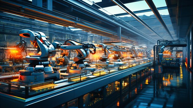 A digital factory line where software robots efficiently handle repetitive tasks showcasing the streamlined nature of RPA