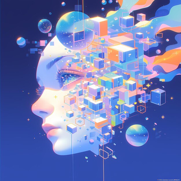 写真 digital fantasy illustration with colorful cubes and orbs