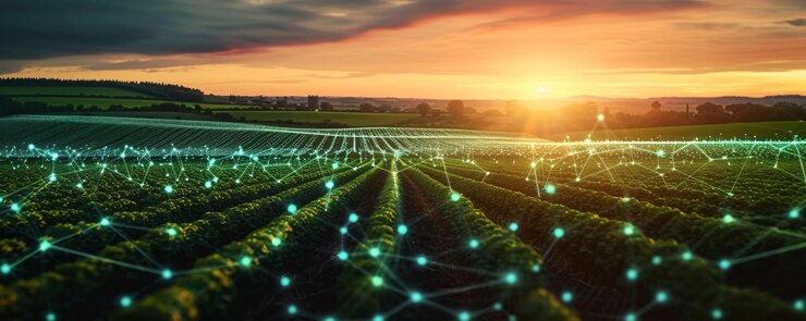Digital farming digital network Iot and Ai in agriculture and farming Wide format