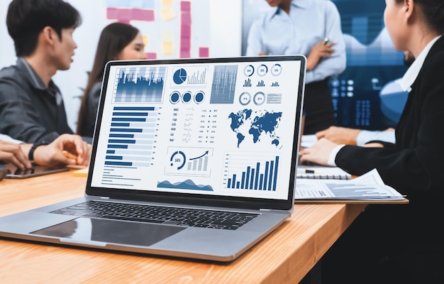 팀 회의 또는 프레젠테이션 중 비즈니스 성장 전략 및 마케팅 표시를 위한 데이터 분석 그래프 및 차트를 표시하는 노트북 화면의 디지털 금융 BI 대시보드 데이터 Concord