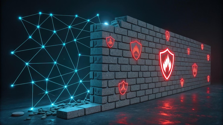 Photo digital firewall breaking with red breach symbols showcasing vulnerability