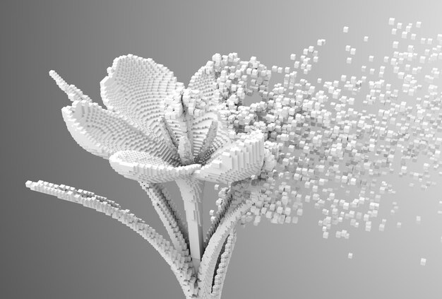 デジタルの花が 3D ピクセルに分解される