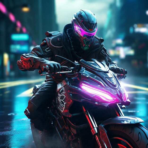 Digital future art of a cyberpunk rider on a future bike or cruiser with a glowing neon light ai