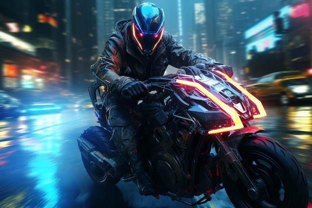 Digital future art of a cyberpunk rider on a future bike or cruiser with a glowing neon light ai