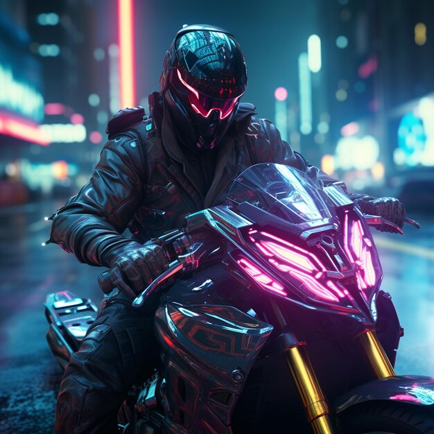 Digital future art of a cyberpunk rider on a future bike or cruiser with a glowing neon light ai