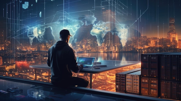 the digital future of cargo containers logistics transportation in the business an engineer using a laptop for online tracking and control of delivery distribution on a world map background