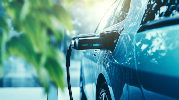 Цифровое изображение автомобиля, подключенного к станции зарядки водорода, сделанной из листьев на