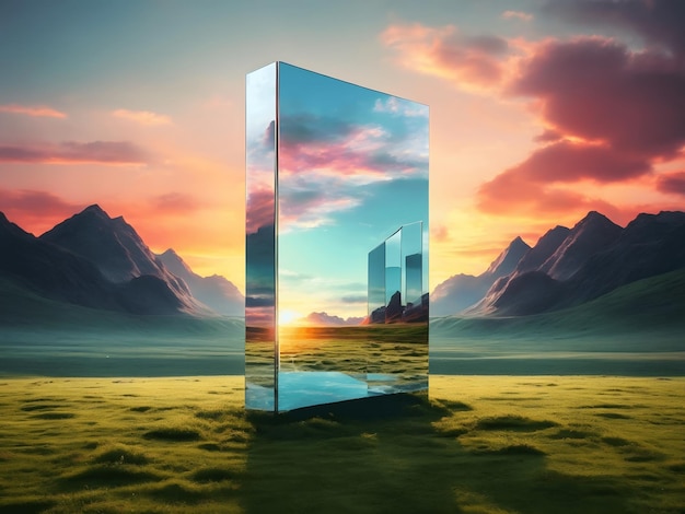 Photo digital generated image of geometric mirror glass square monolith in nature landscape