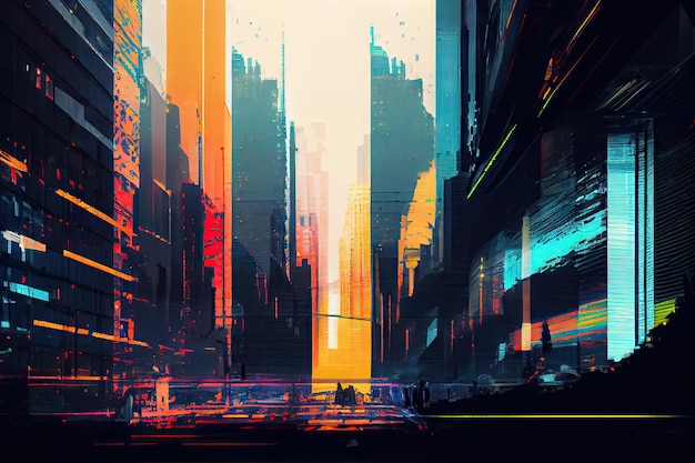 A digital glitch in a cityscape with skyscrapers and traffic lights suddenly turning on and off