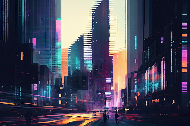 A digital glitch in a cityscape with skyscrapers and traffic lights suddenly turning on and off