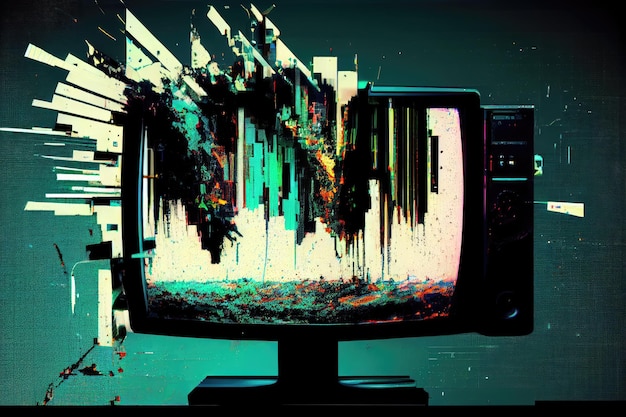 Digital glitch effect of a monitor displaying static and distorted images