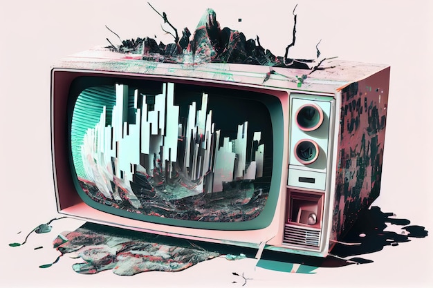 A digital glitch effect that resembles a broken television screen with distorted images and static