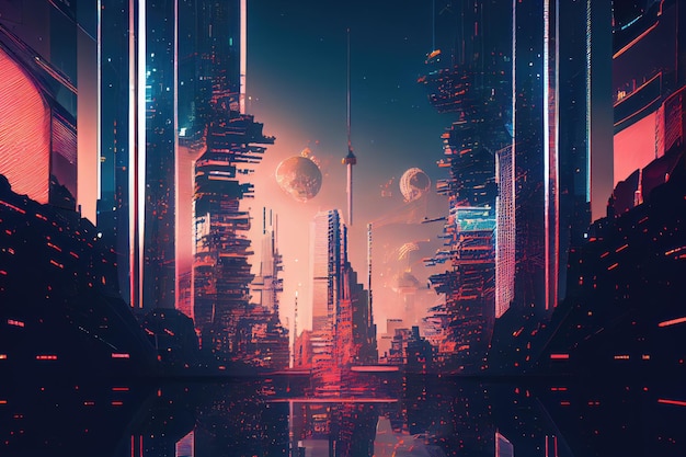 A digital glitch in a futuristic cityscape showing the effects of advanced technology on society