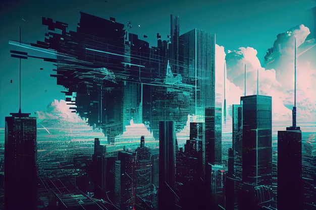 A digital glitch in a futuristic cityscape showing the effects of advanced technology on society