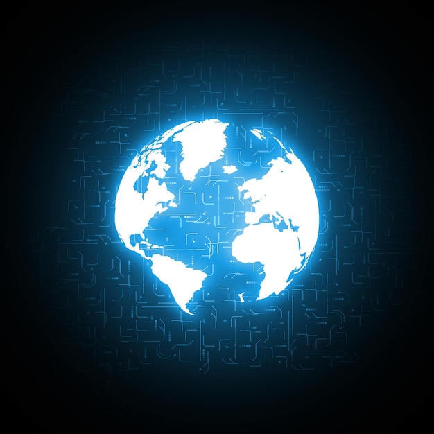 Цифровая глобализация Голографическая карта мира на фоне технических схем