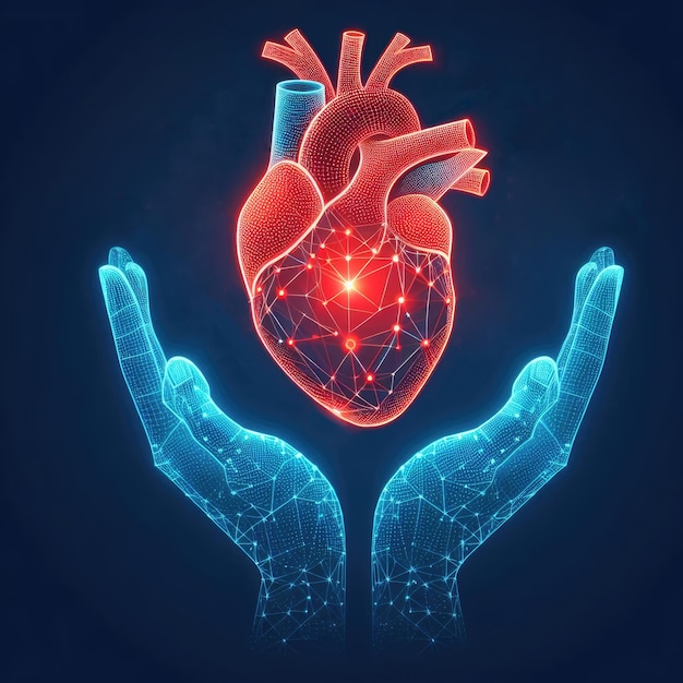 digital of glowing polygonal human heart held in two cupped hands intricately connected by a networ