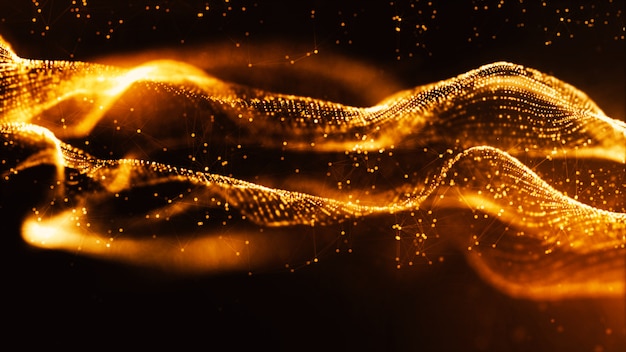 Digital gold color particles wave and bokeh abstract background