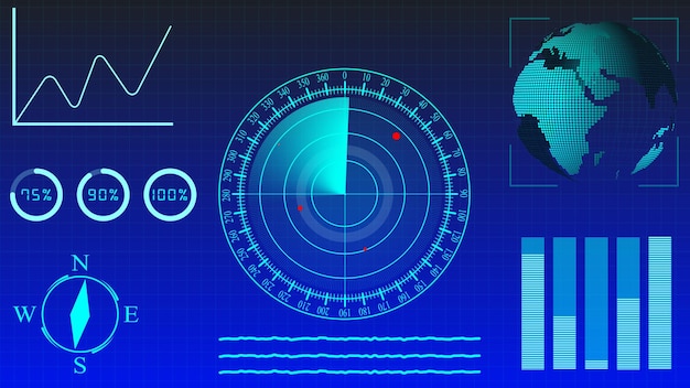 Digital graphs world map and navigation elements on a dark blue background