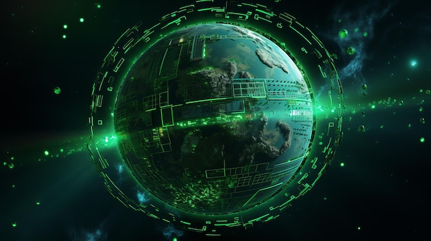 Digital green futuristic globe viewed from space in the solar system in the stars view of the earth