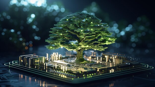 Digital green tree on computer circuit board innovative technology