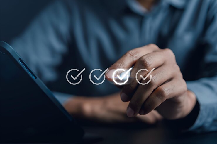 Photo digital guarantee checkmark business checking quality assurance standardization certification compliance to regulations service and standards