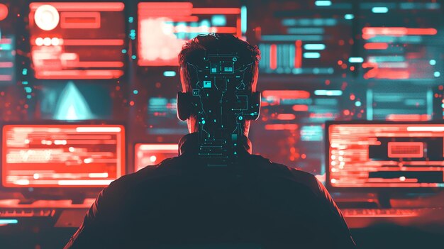 a digital hacker working in a neonlit environment surrounded by multiple computer screens displaying complex data and graphics
