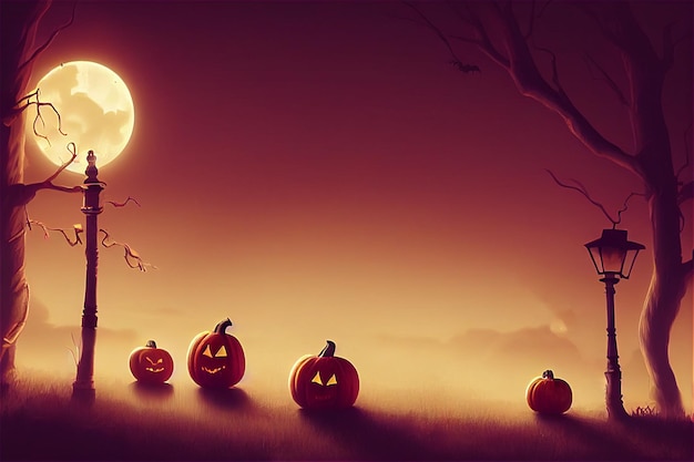 Digital halloween background with evil cute pumpkins