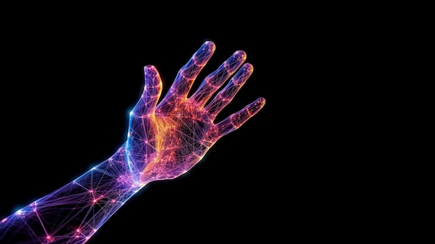 Digital hand hologram on dark background with copy space Neural network connection Communication with artificial intelligence Generative AI