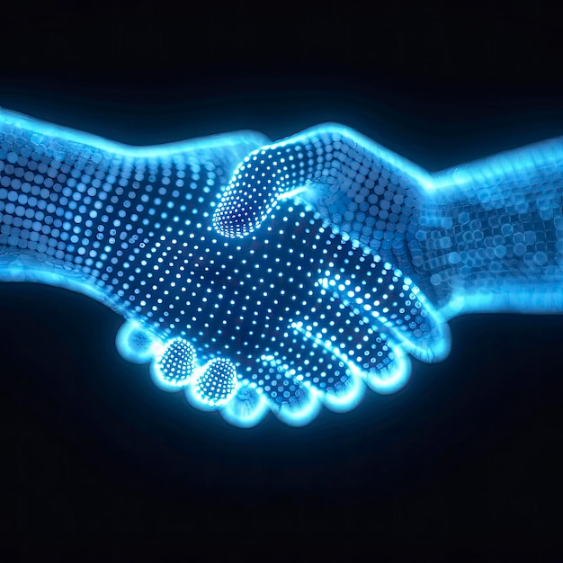 digital handshake made of binary code on a black background symbolizing technology and business transparently