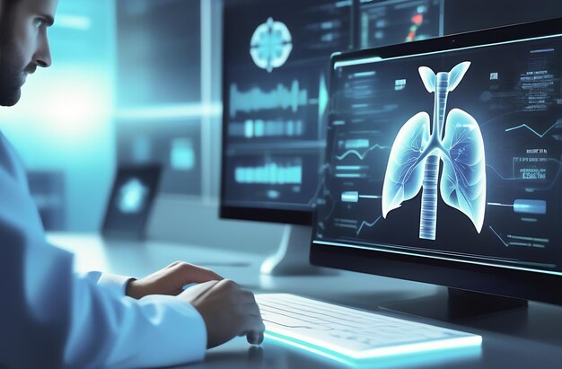 Digital healthcare and network connectivity data analysis A professional doctor working in a hospita