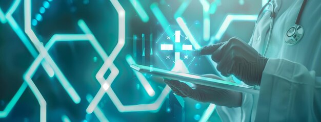 Photo digital healthcare system with online health information black man hands in medicine mockup medical technology innovation