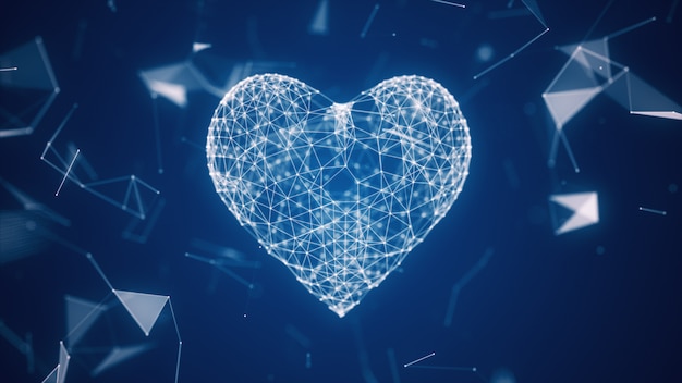 Photo the digital heart icon is formed from particles in a network cloud of lines and points. the heart of technology 3d illustration