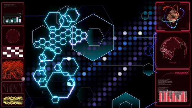 Digital hexagon circuit wire protection and polygon motion\
background on red monitor