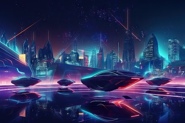 未来的な都市景観のホバーカーと空飛ぶ車が見えるデジタル ホログラフィック背景