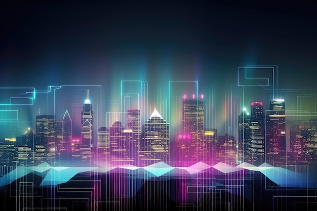 Digital holographic background with view of futuristic cityscape