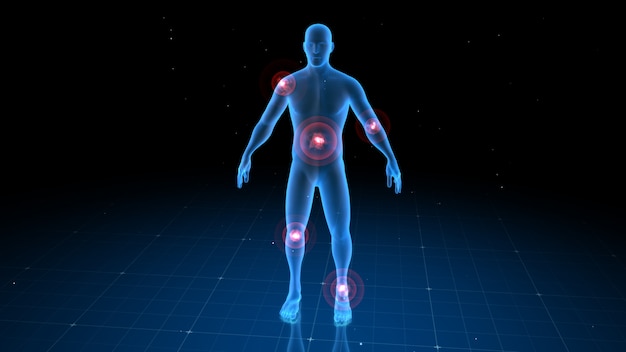 Foto corpo umano digitale con dolore visibile in luoghi diversi