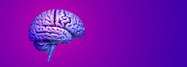 Digital Human Brain Side View on Purple Background Futuristic Neuroscience Concept Artificial Intelligence Symbol Detailed Cerebral Cortex Illustration Technology and Mind Interface