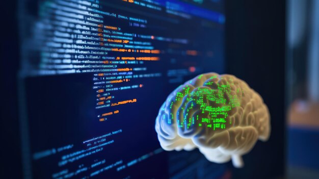 digital human brain next to a virtual computer screen with code and data ai programming online programming workshops advanced web development