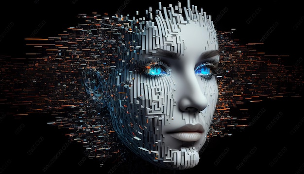 디지털 인간의 얼굴 추상화 빅 데이터 인공 지능 또는 사이버 보안 생성 AI