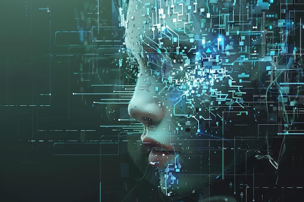 Цифровое человеческое лицо распадается на матрицу данных, символизирующих ИИ и киберидентичность