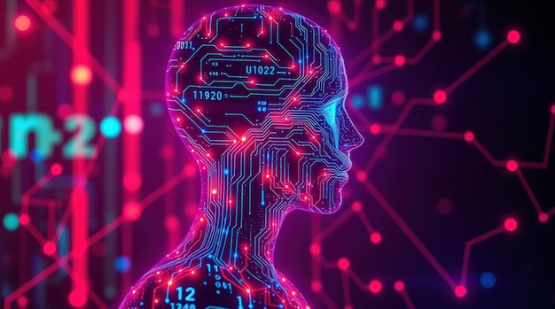 Digital Human Face with Neon Cyber Technology Details
