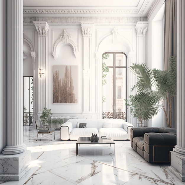 집 내부에 대한 디지털 삽화. 천장이 높은 거대한 흰색 거실