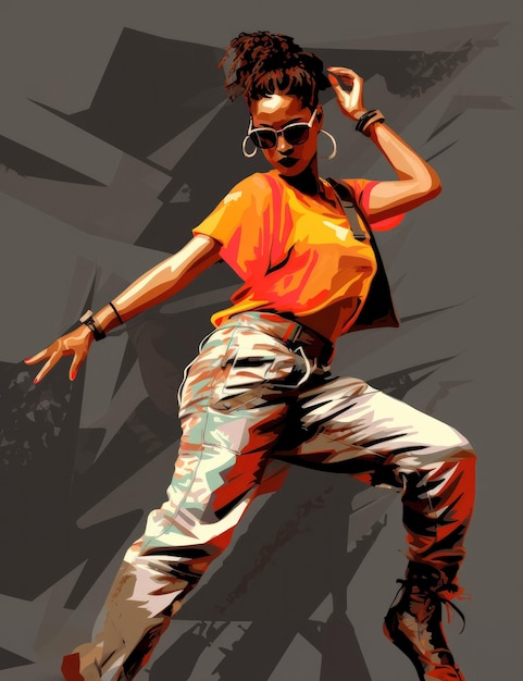 아프리카계 미국인 합 댄서가 레트로 80년대 스타일의 미드 댄스를 하는 디지털 일러스트레이션