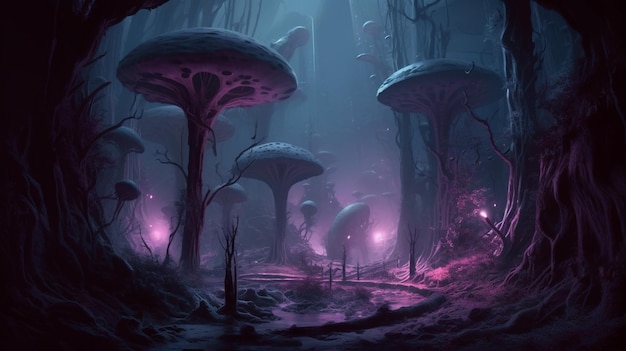 A digital illustration of an alien landscape with surreal creatures with Generative AI